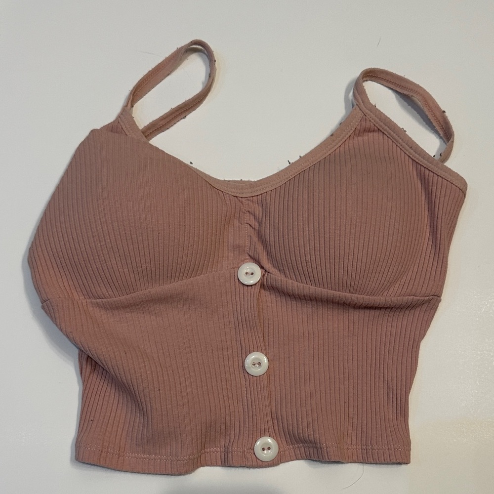 Women's Ribbed Button-Front Crop Top - Pink with built in bra!